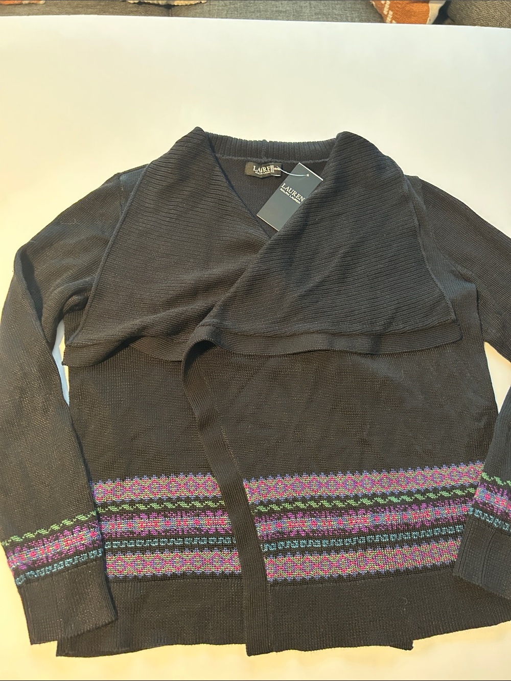 Lauren Ralph Lauren Black Knit Cardigan with Multicolor Fair Isle Bands